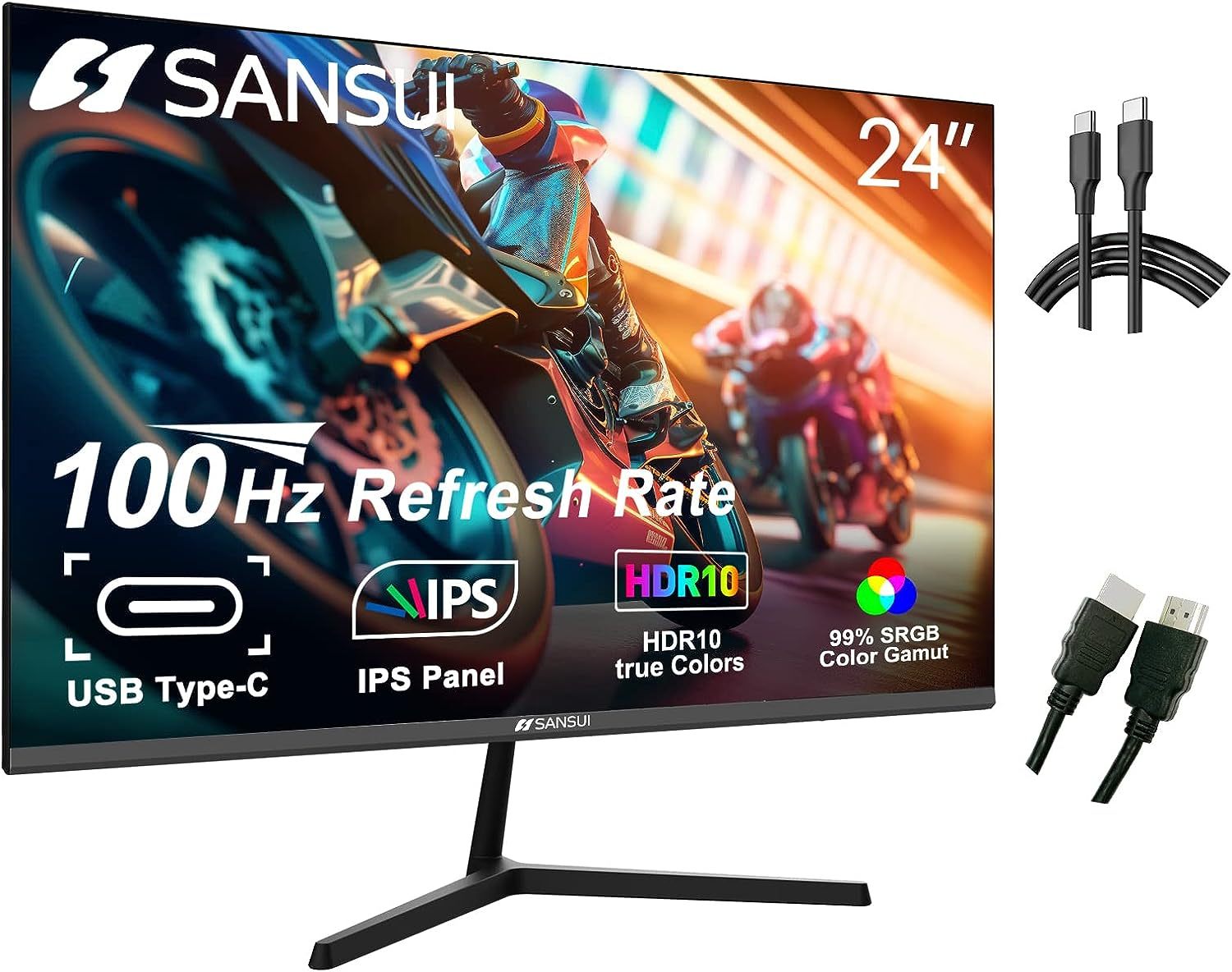 Sansui Monitor 24 Inch Fhd Pc Monitor With Usb Type C, Built In Speakers Earphone, Ultra Slim Ergonomic Tilt Eye Care 75Hz With Hdmi Vga For Home Office Es 24F1 Type C Cable & Hdmi Cable Included Black Pvc