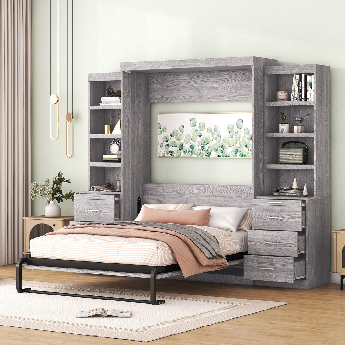 Full Size Murphy Bed With Storage Shelves And Drawers, Gray Box Spring Not Required Full Gray Murphy Solid Wood Mdf