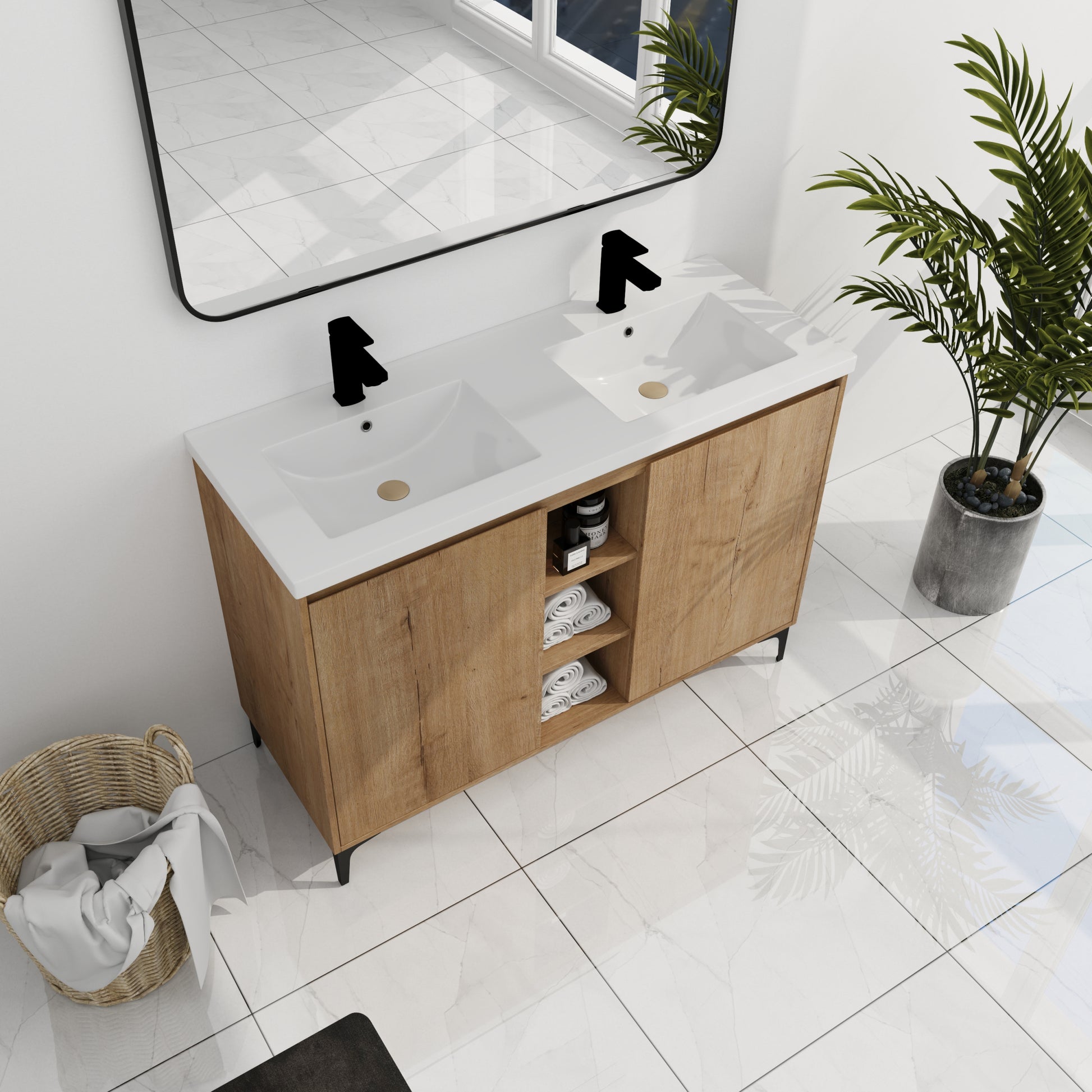 48" Freestanding Bathroom Vanity With Double Sink, Soft Closing Door Hinge Kd Package Bvb07148Imox Grb4840D Imitative Oak 2 Bathroom Freestanding Modern Plywood