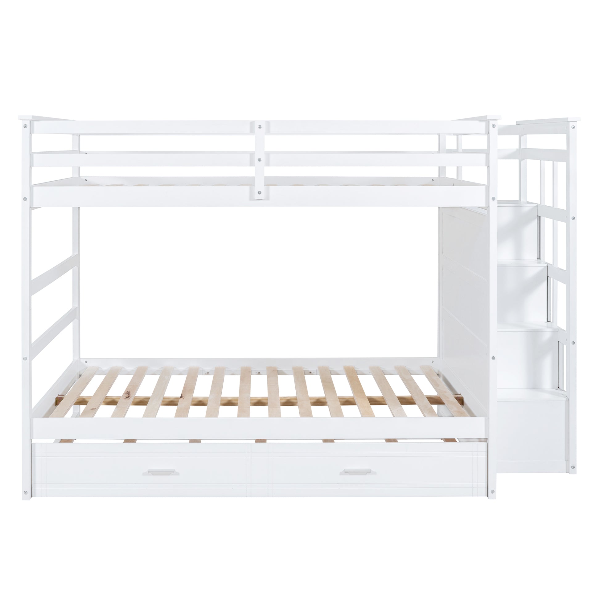 Full Over Full Bunk Bed With Twin Size Trundle And Staircase, White White Solid Wood