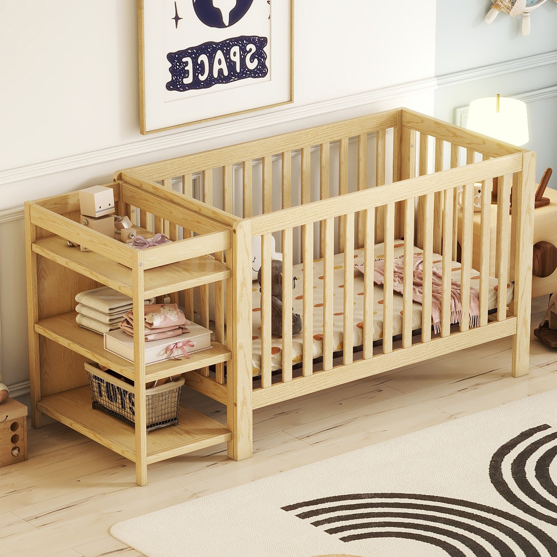 Convertible Crib Full Size Bed With Changing Table, Natural Natural Solid Wood