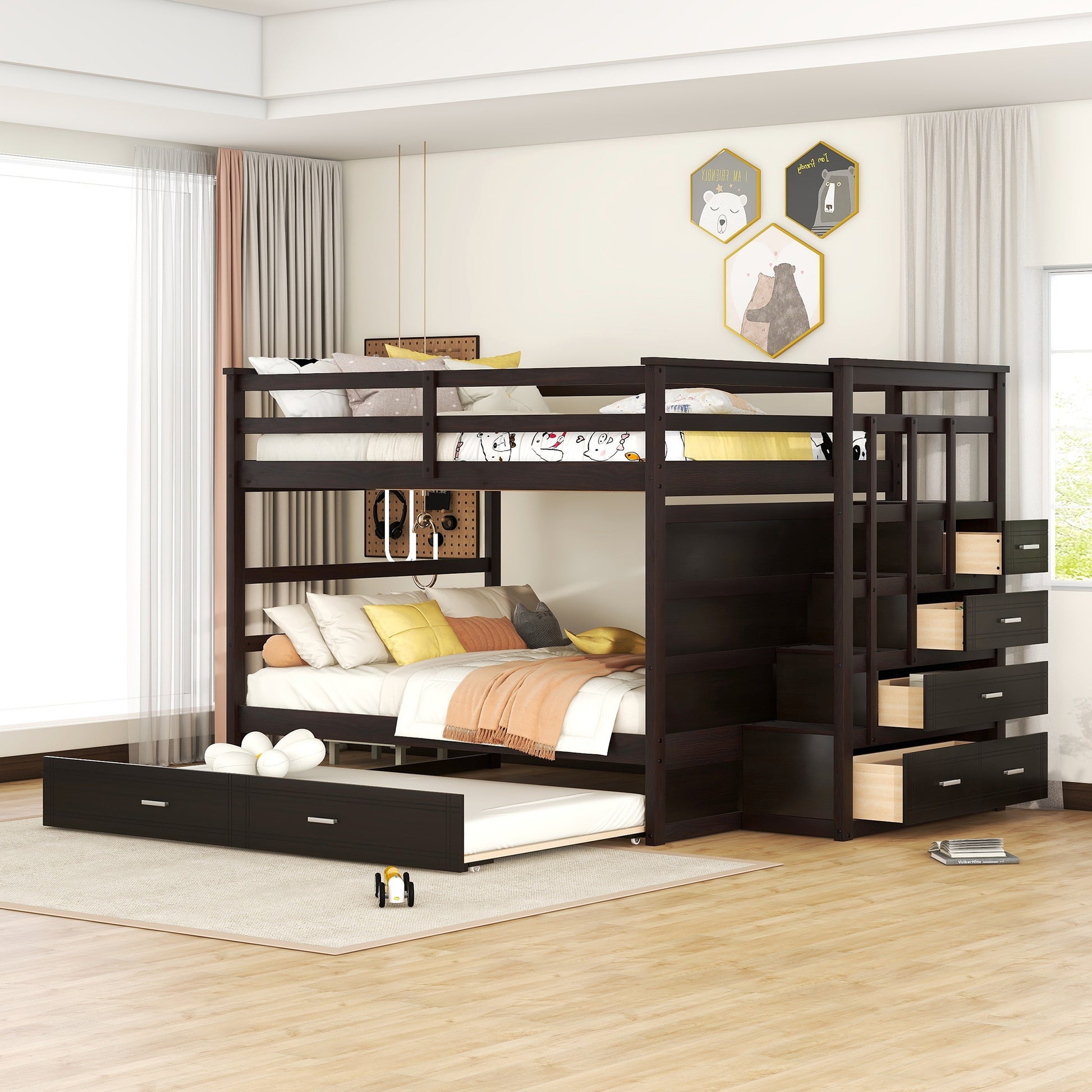 Full Over Full Bunk Bed With Twin Size Trundle And Staircase, Espresso Espresso Solid Wood