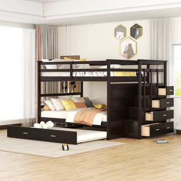 Full Over Full Bunk Bed With Twin Size Trundle And Staircase, Espresso Espresso Solid Wood