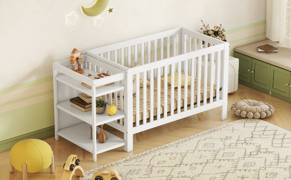 Convertible Crib Full Size Bed With Changing Table, White White Solid Wood