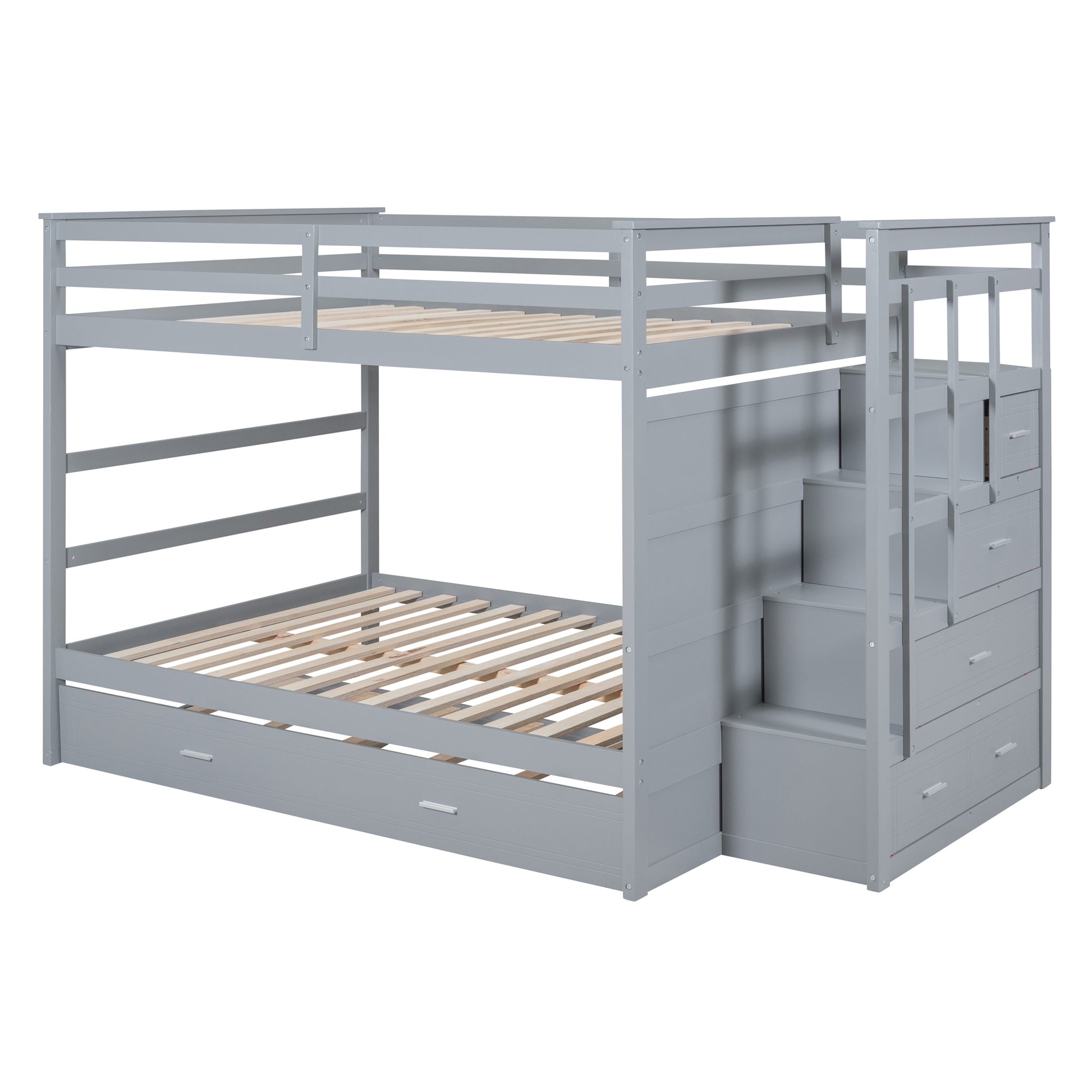 Full Over Full Bunk Bed With Twin Size Trundle And Staircase, Gray Gray Solid Wood