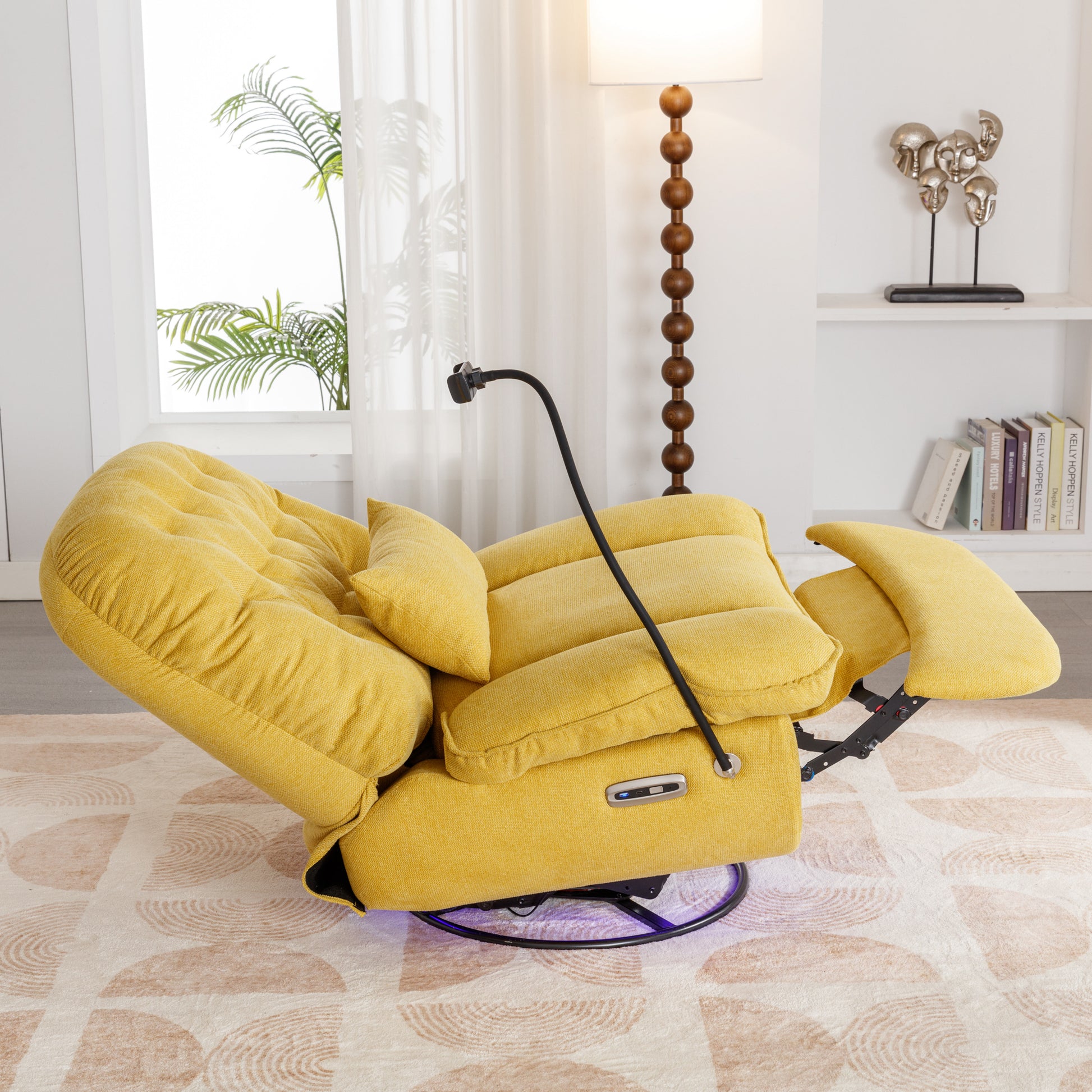 270 Degree Swivel Power Recliner With Voice Control, Bluetooth Music Player,Usb Ports, Atmosphere Lamp, Hidden Arm Storage And Mobile Phone Holder For Living Room, Bedroom, Apartment, Yellow Yellow Foam Linen