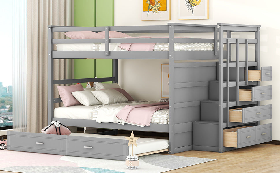 Full Over Full Bunk Bed With Twin Size Trundle And Staircase, Gray Gray Solid Wood