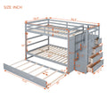 Full Over Full Bunk Bed With Twin Size Trundle And Staircase, Gray Gray Solid Wood