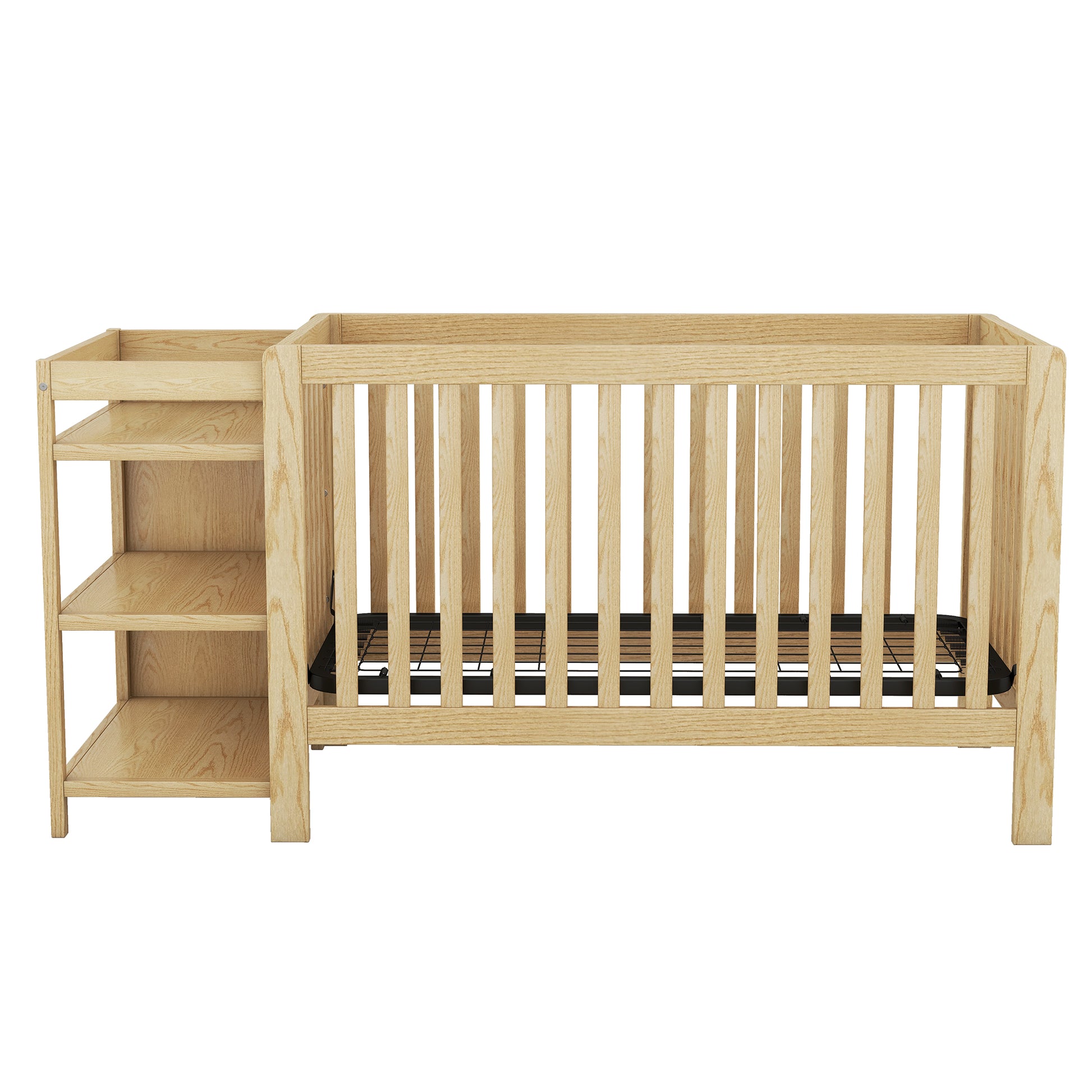 Convertible Crib Full Size Bed With Changing Table, Natural Natural Solid Wood