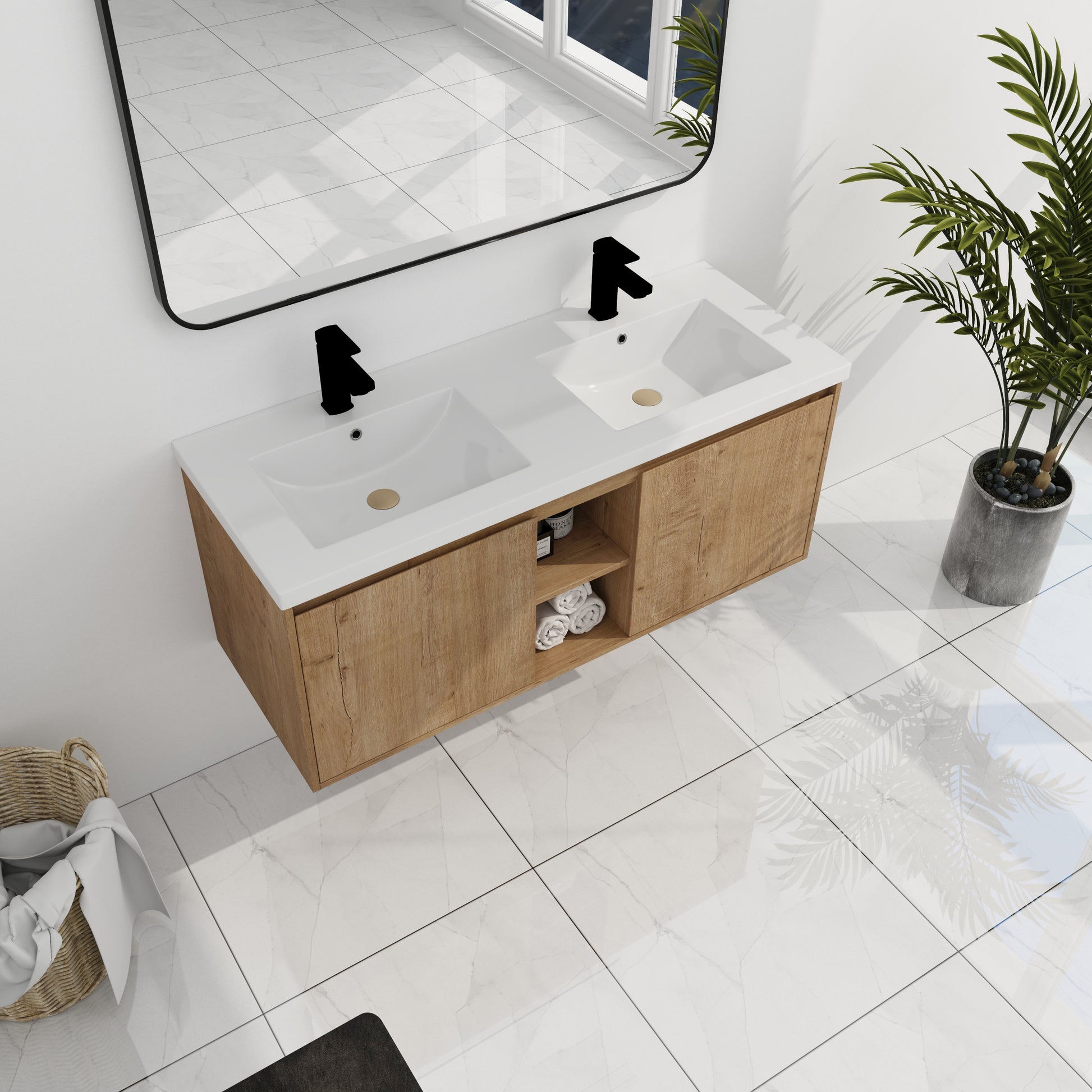 48" Wall Mounted Bathroom Vanity With Double Sink, Soft Closing Door Hinge Kd Package Bvb07248Imox Grb4840D Imitative Oak 2 Bathroom Wall Mounted Modern Plywood