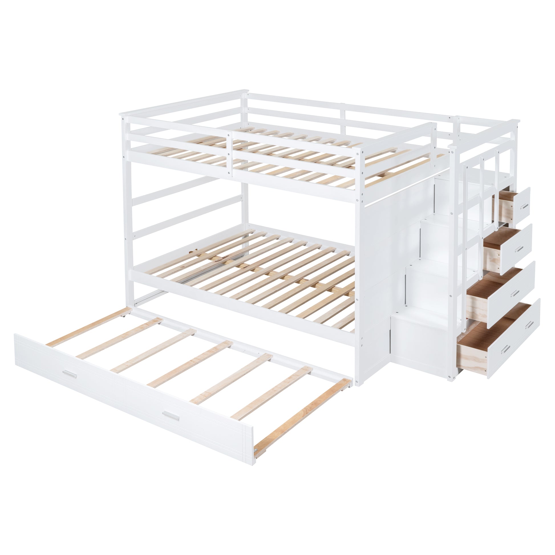 Full Over Full Bunk Bed With Twin Size Trundle And Staircase, White White Solid Wood