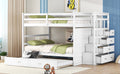 Full Over Full Bunk Bed With Twin Size Trundle And Staircase, White White Solid Wood