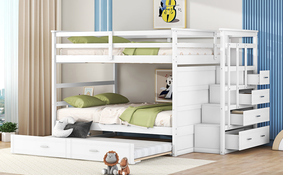 Full Over Full Bunk Bed With Twin Size Trundle And Staircase, White White Solid Wood