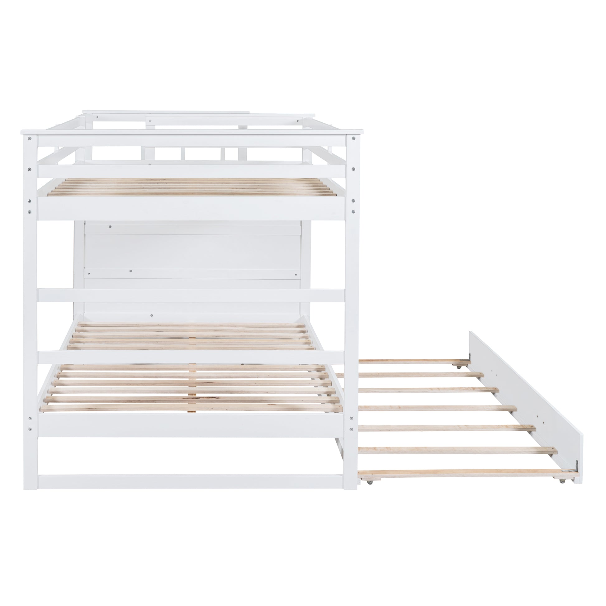 Full Over Full Bunk Bed With Twin Size Trundle And Staircase, White White Solid Wood