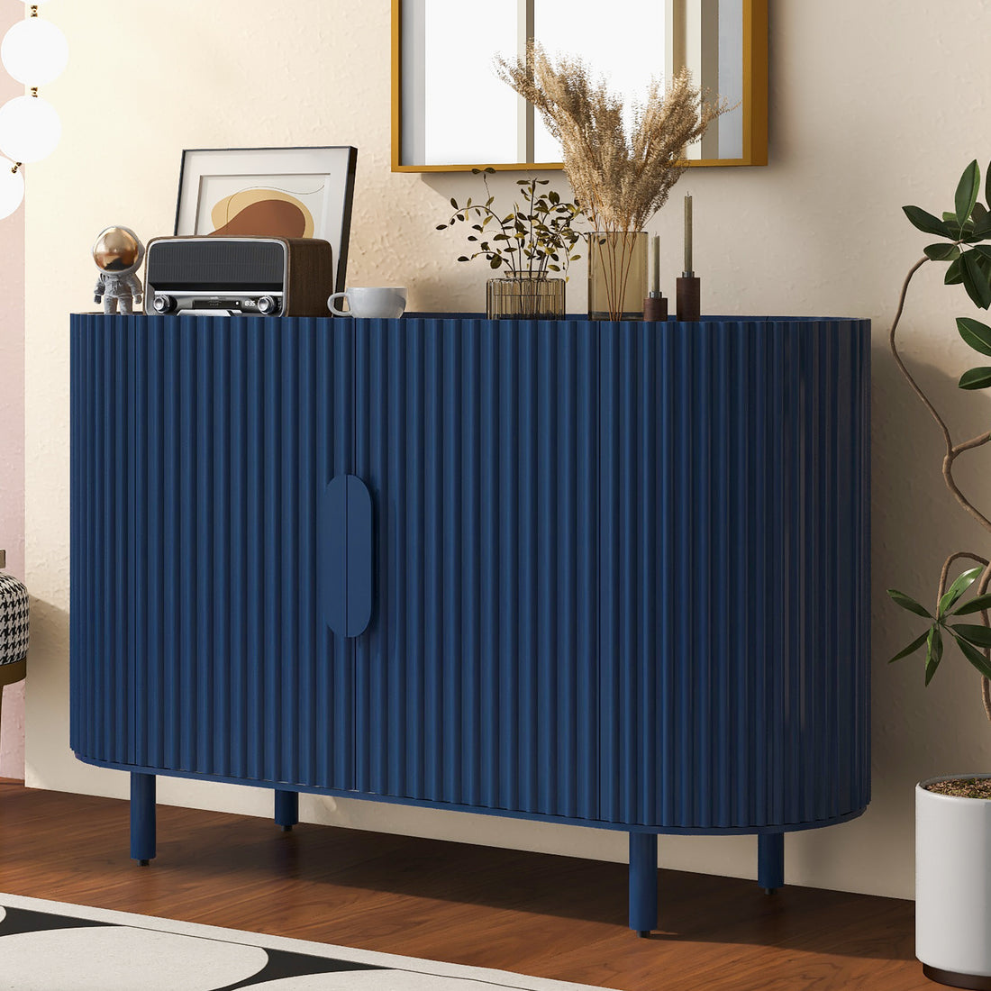 Curved Design Light Luxury Sideboard With Adjustable Shelves,Suitable For Living Room,Study And Entrance Blue Mdf