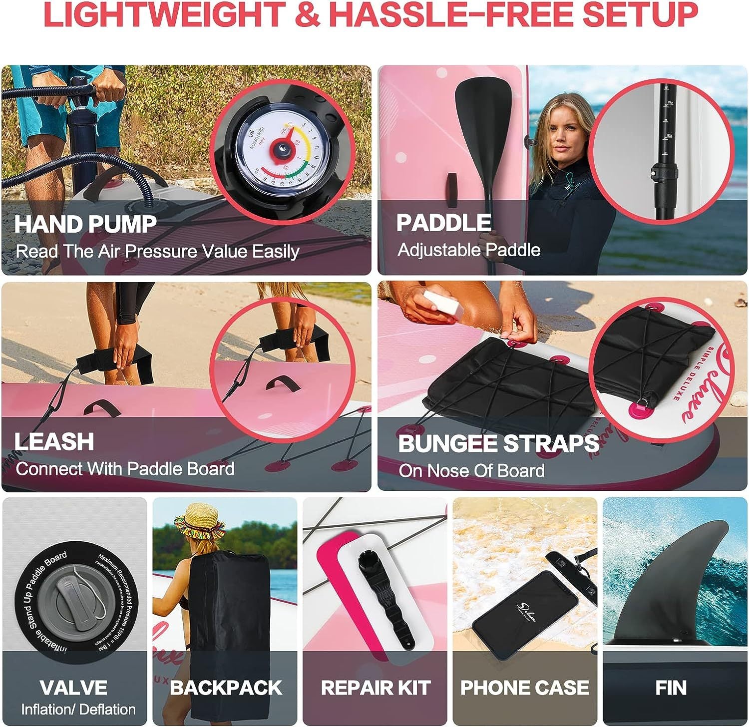 Inflatable Stand Up Paddle Board Simple Deluxe Premium Sup For All S Levels, Pink Paddle Boards For Adults & Youth, Blow Up Stand Up Paddleboards With Accessories & Backpack, Surf Control Pink Aluminium