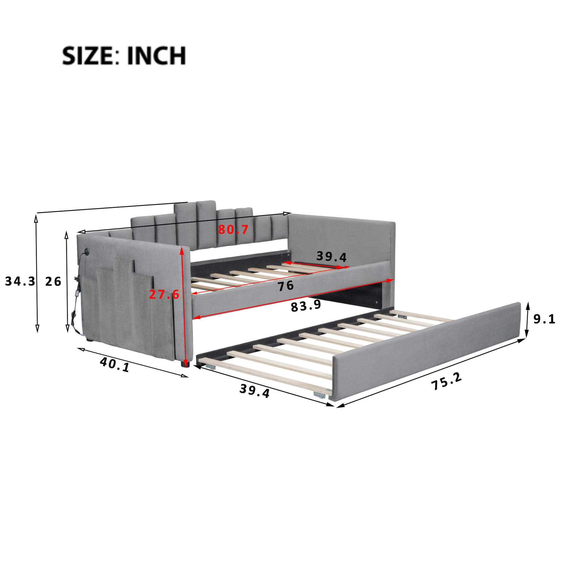 Twin Size Upholstered Daybed With Light And Usb Port, Gray Gray Upholstered