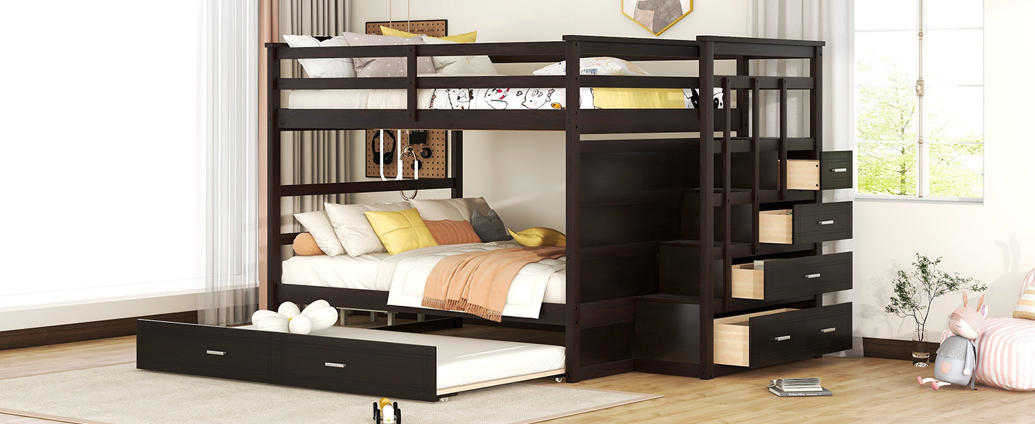 Full Over Full Bunk Bed With Twin Size Trundle And Staircase, Espresso Espresso Solid Wood