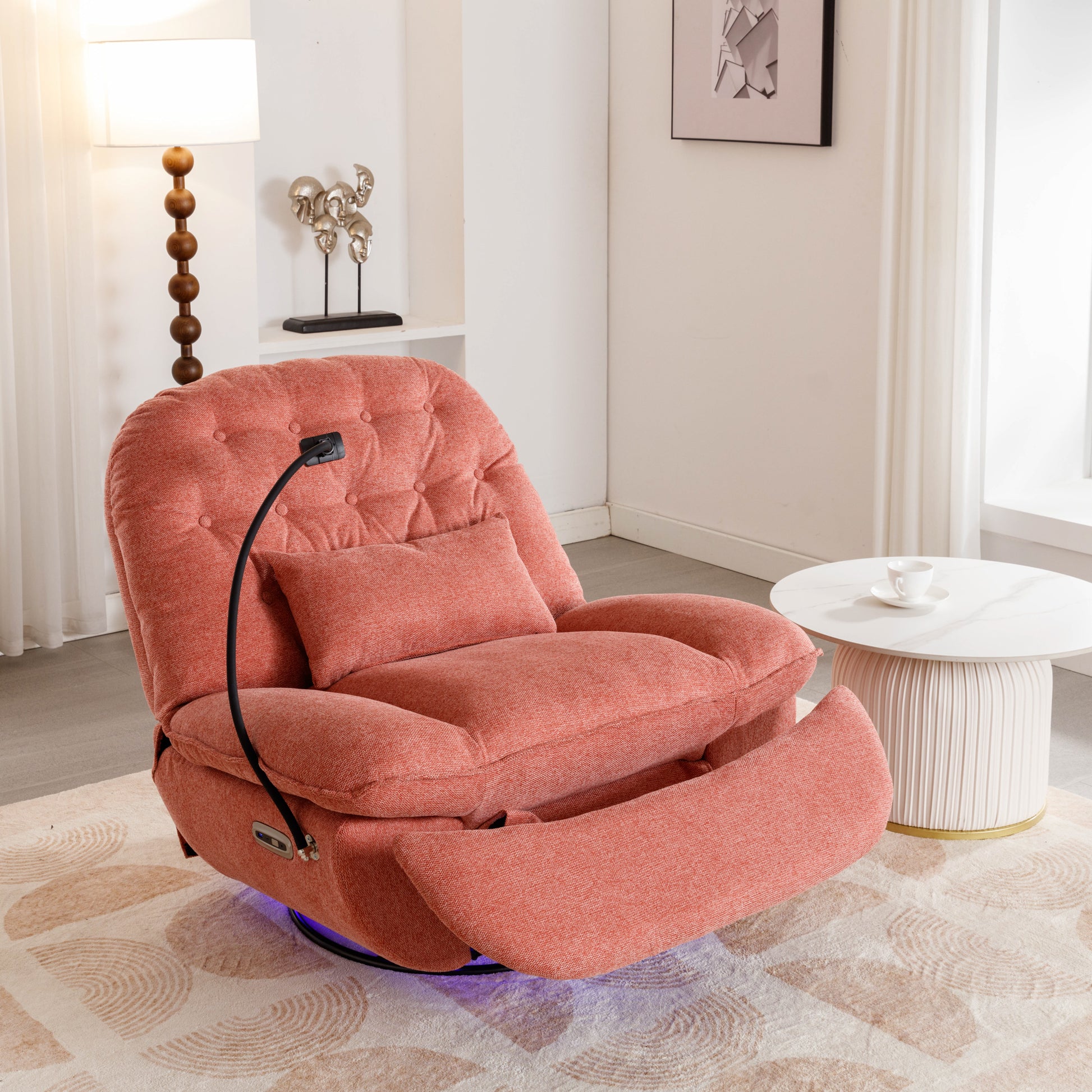 270 Degree Swivel Power Recliner With Voice Control, Bluetooth Music Player,Usb Ports, Atmosphere Lamp, Hidden Arm Storage And Mobile Phone Holder For Living Room, Bedroom, Apartment, Red Red Foam Linen