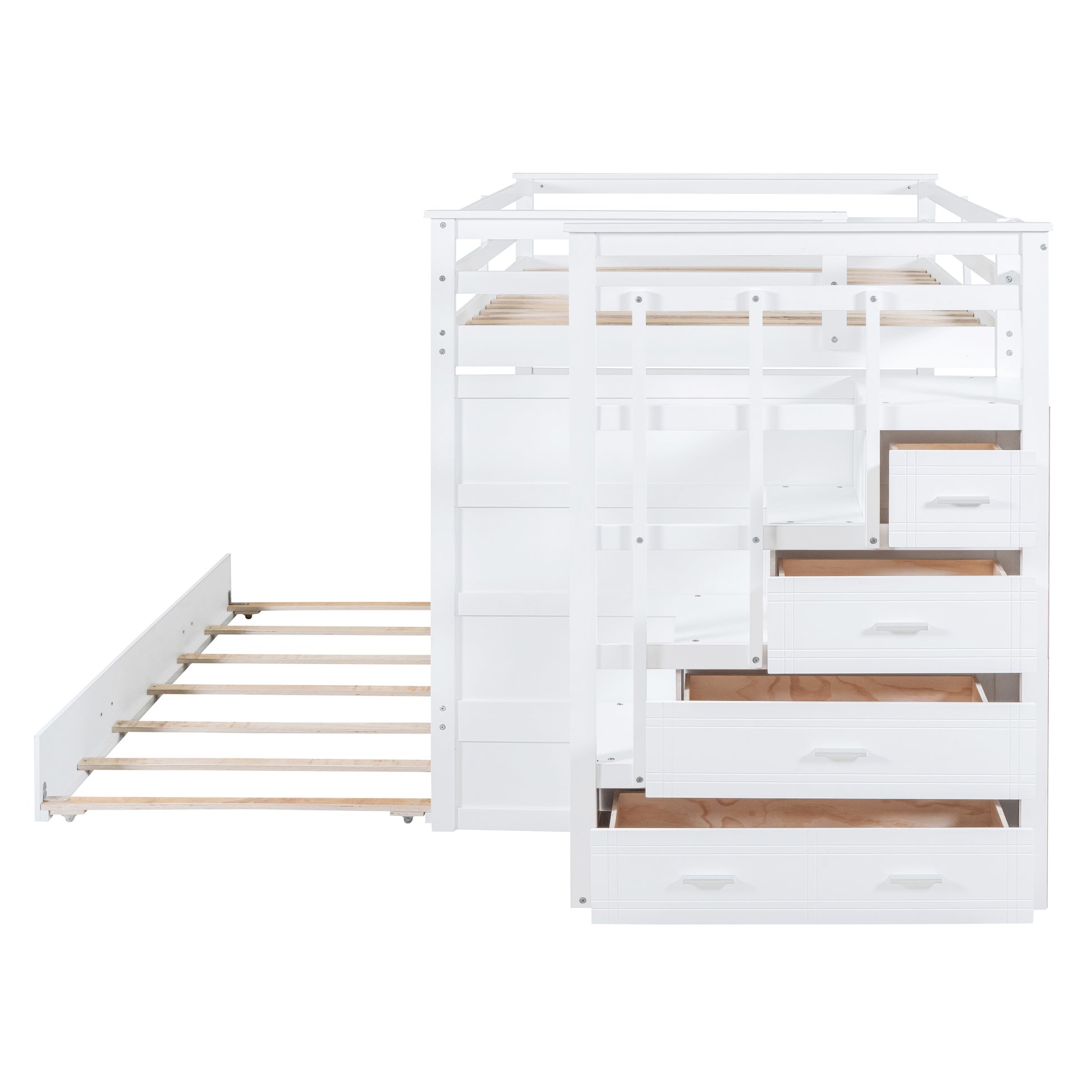 Full Over Full Bunk Bed With Twin Size Trundle And Staircase, White White Solid Wood