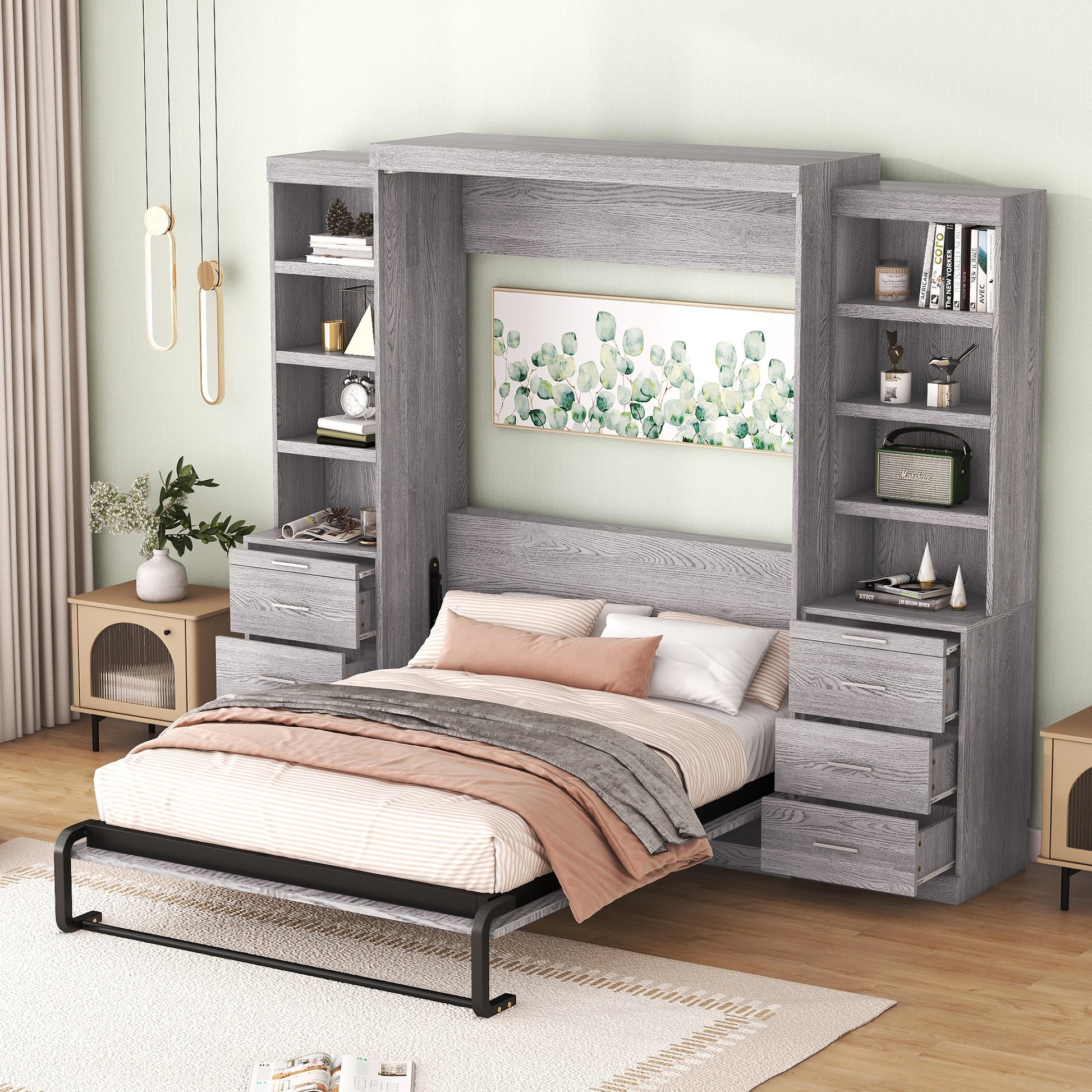 Full Size Murphy Bed With Storage Shelves And Drawers, Gray Box Spring Not Required Full Gray Murphy Solid Wood Mdf