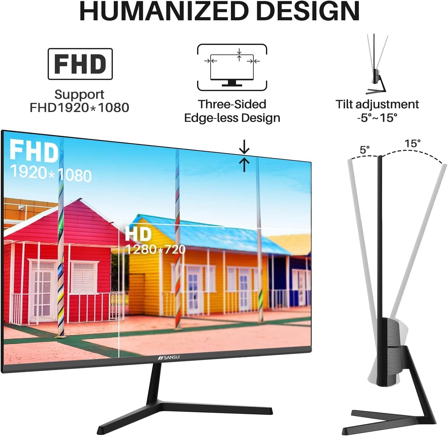 Sansui Monitor 24 Inch Fhd Pc Monitor With Usb Type C, Built In Speakers Earphone, Ultra Slim Ergonomic Tilt Eye Care 75Hz With Hdmi Vga For Home Office Es 24F1 Type C Cable & Hdmi Cable Included Black Pvc