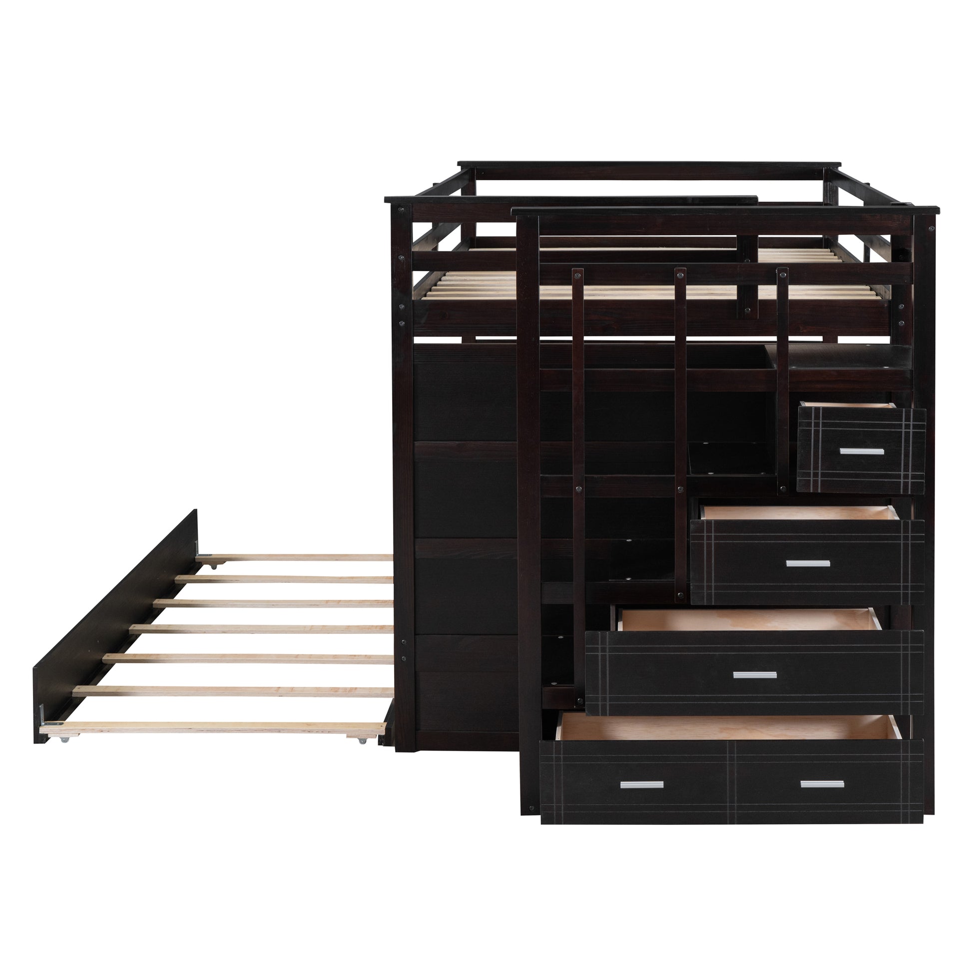 Full Over Full Bunk Bed With Twin Size Trundle And Staircase, Espresso Espresso Solid Wood