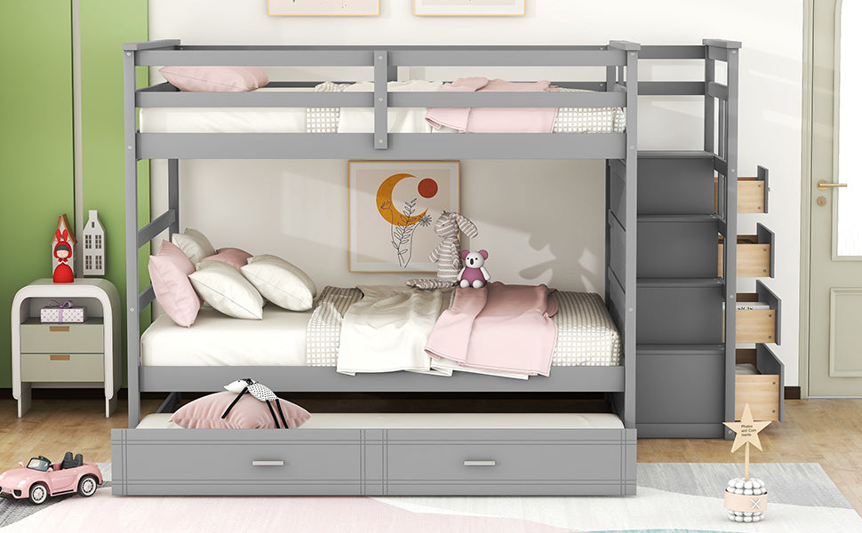 Full Over Full Bunk Bed With Twin Size Trundle And Staircase, Gray Gray Solid Wood