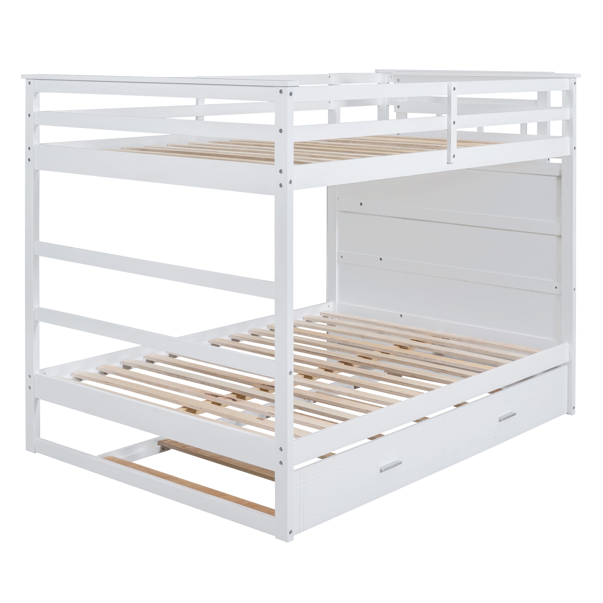 Full Over Full Bunk Bed With Twin Size Trundle And Staircase, White White Solid Wood