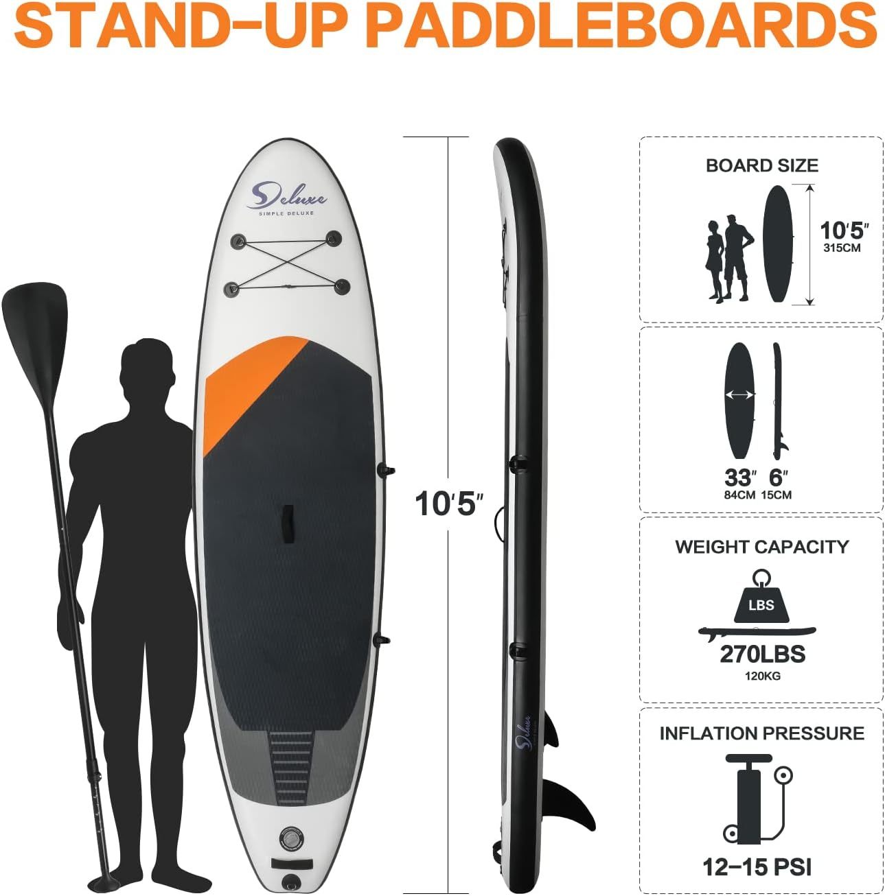 Inflatable Stand Up Paddle Board Simple Deluxe Premium Sup For All S Levels, Paddle Boards For Youth & Adults, Blow Up Stand Up Paddleboards With Accessories & Backpack, Surf Control, Black Black Aluminium