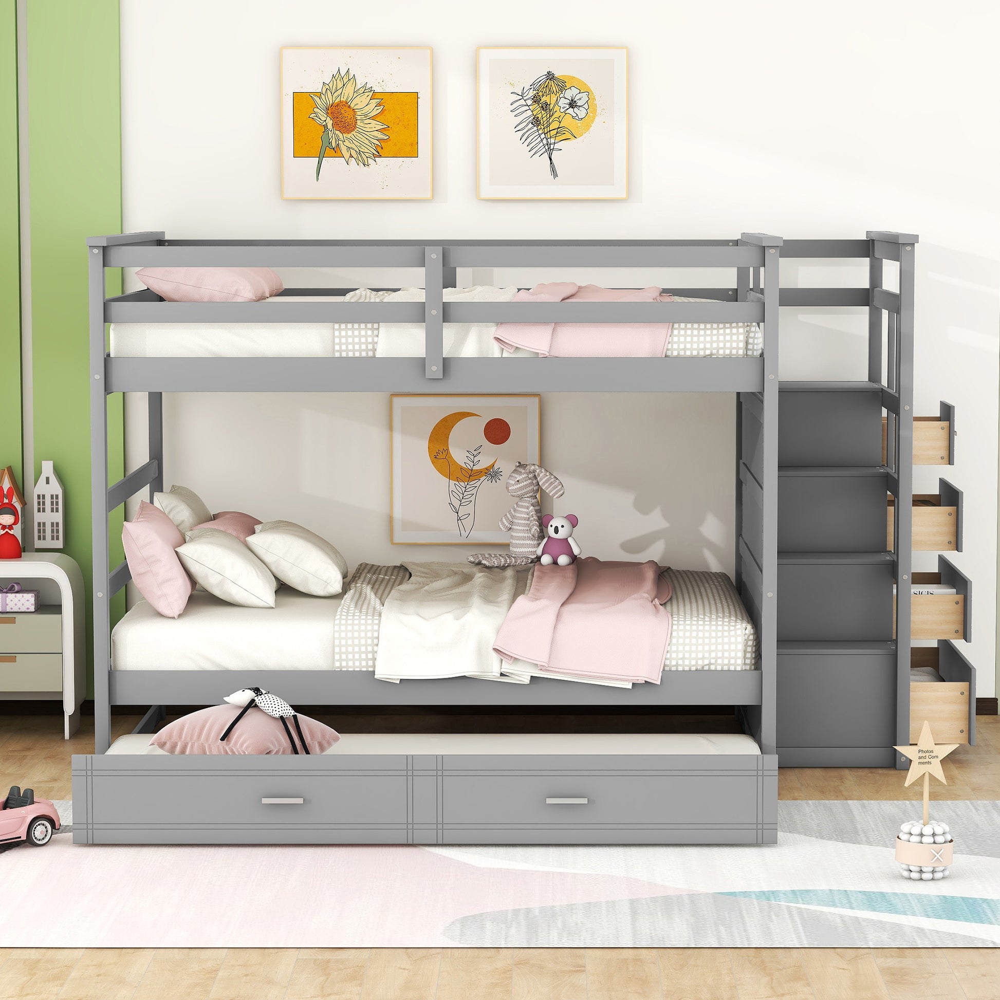 Full Over Full Bunk Bed With Twin Size Trundle And Staircase, Gray Gray Solid Wood