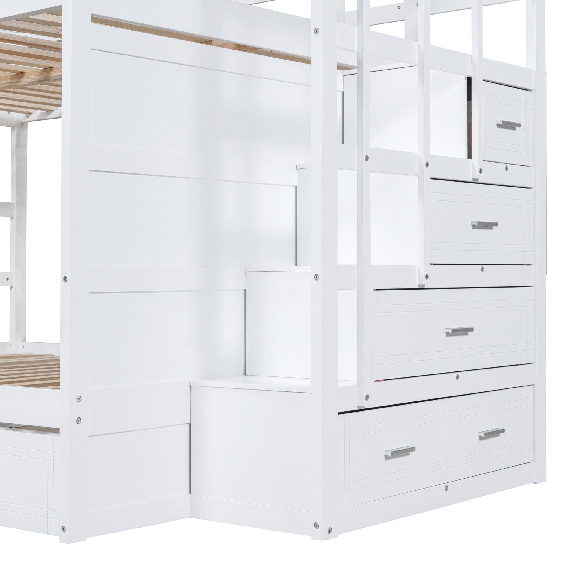 Full Over Full Bunk Bed With Twin Size Trundle And Staircase, White White Solid Wood