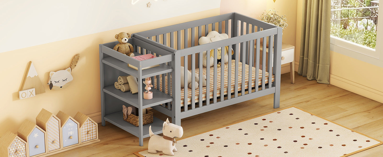 Convertible Crib Full Size Bed With Changing Table, Gray Gray Solid Wood