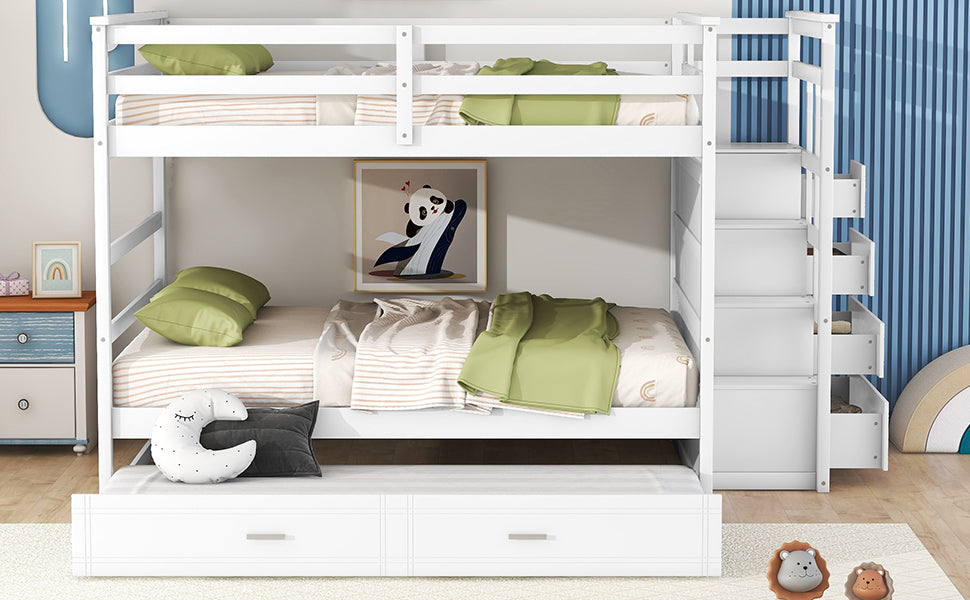 Full Over Full Bunk Bed With Twin Size Trundle And Staircase, White White Solid Wood