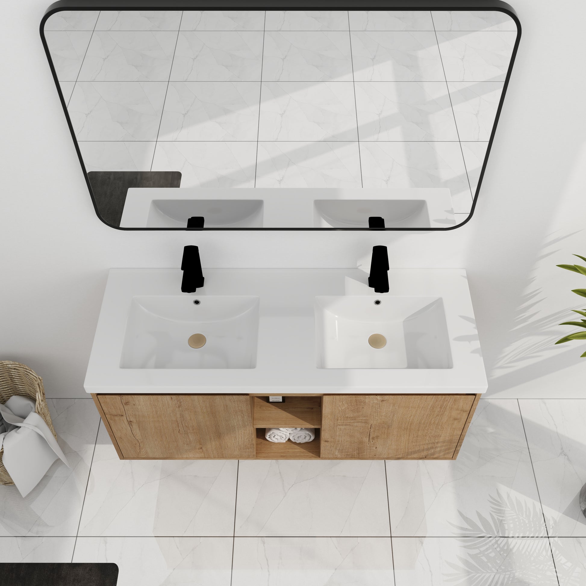 48" Wall Mounted Bathroom Vanity With Double Sink, Soft Closing Door Hinge Kd Package Bvb07248Imox Grb4840D Imitative Oak 2 Bathroom Wall Mounted Modern Plywood