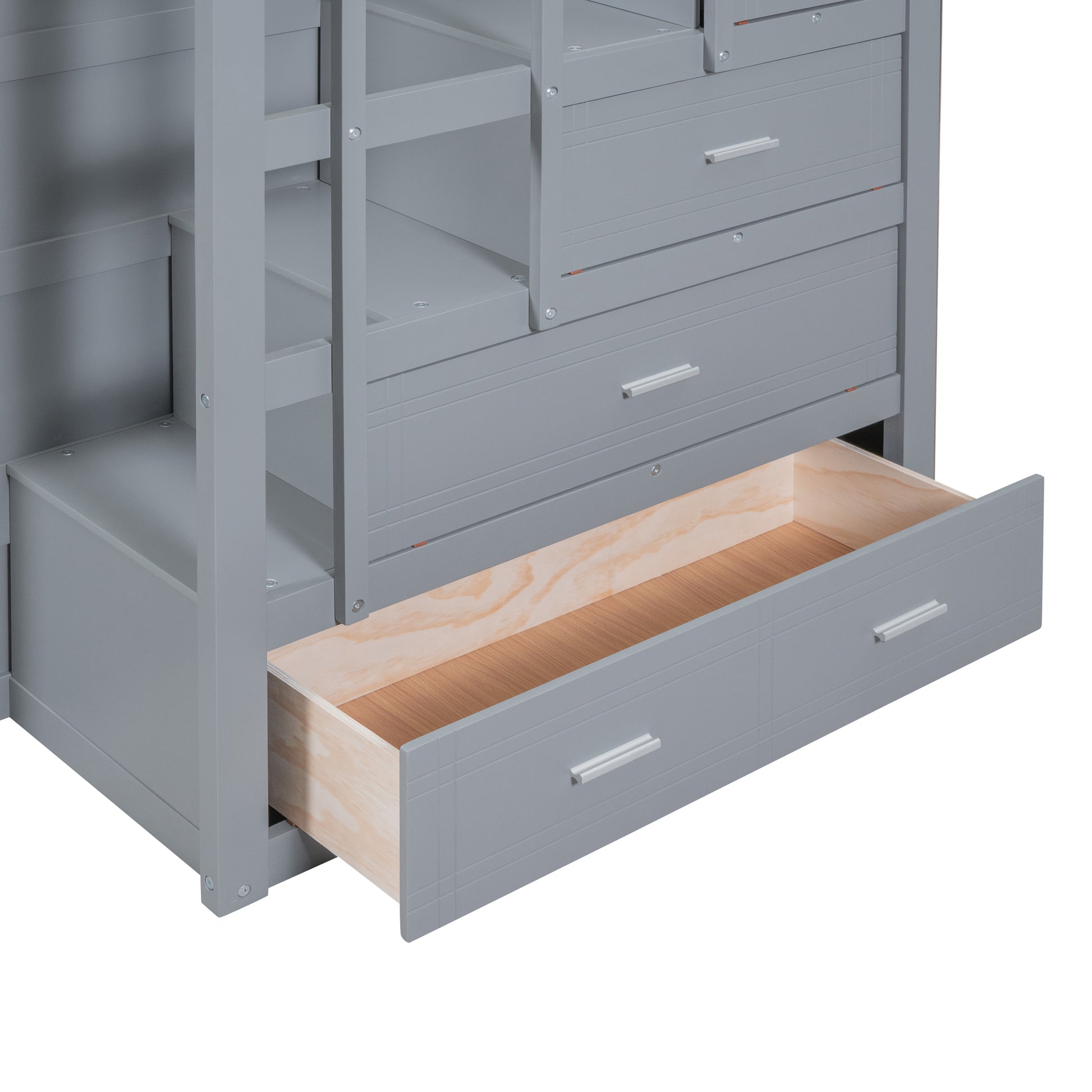 Full Over Full Bunk Bed With Twin Size Trundle And Staircase, Gray Gray Solid Wood