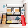 Twin Over Twin Metal Bunk Bed, Metal Housebed With Slide And Storage Stair, Black With Red Slide Black Iron