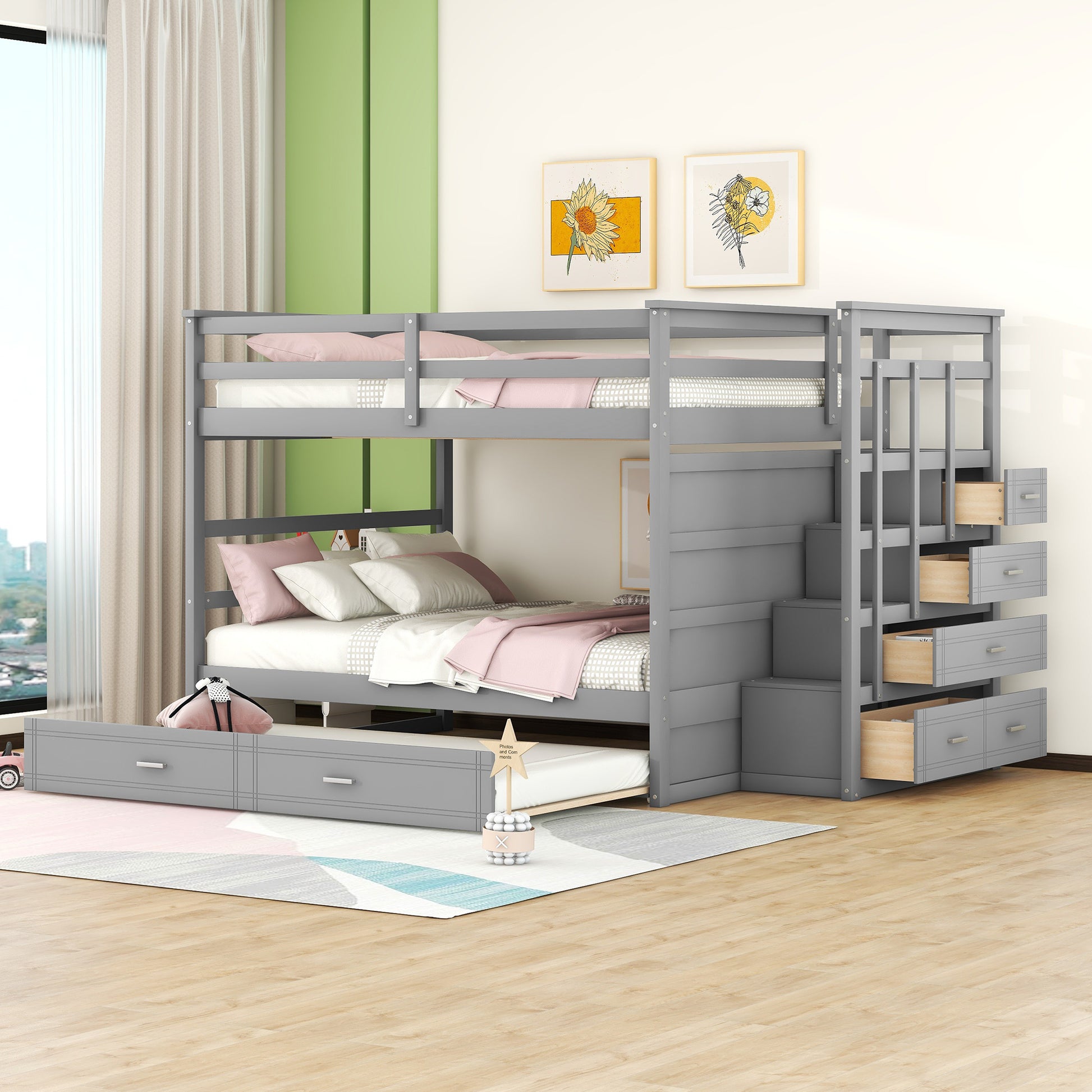 Full Over Full Bunk Bed With Twin Size Trundle And Staircase, Gray Gray Solid Wood