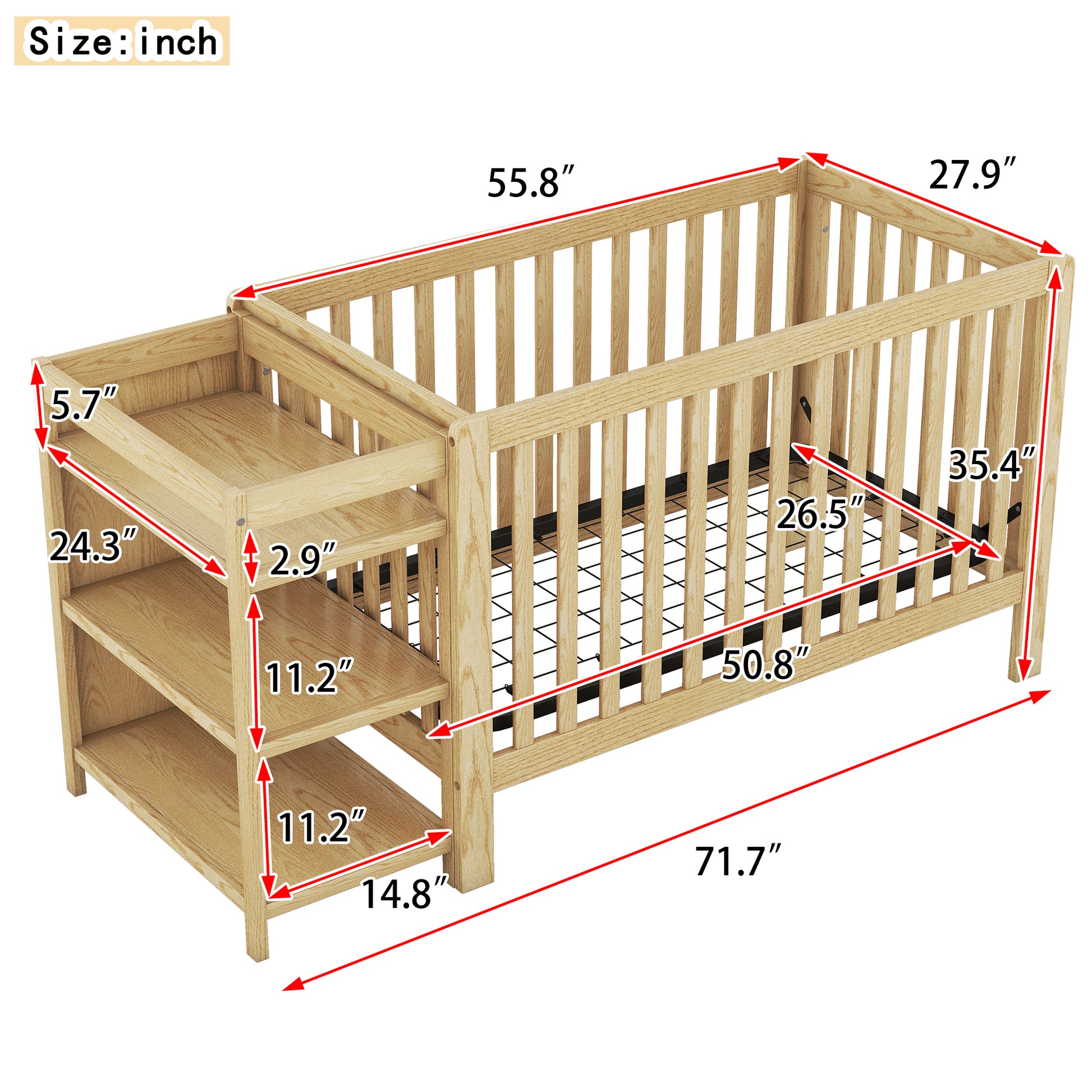 Convertible Crib Full Size Bed With Changing Table, Natural Natural Solid Wood