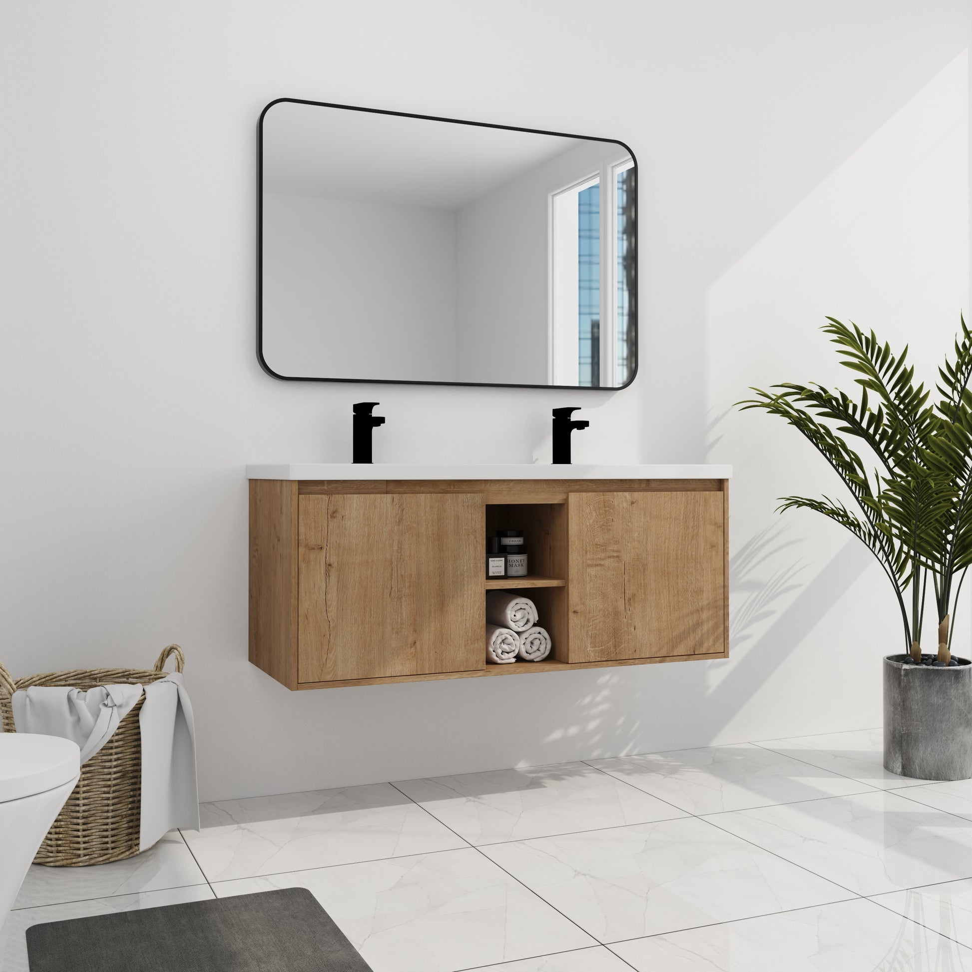 48" Wall Mounted Bathroom Vanity With Double Sink, Soft Closing Door Hinge Kd Package Bvb07248Imox Grb4840D Imitative Oak 2 Bathroom Wall Mounted Modern Plywood