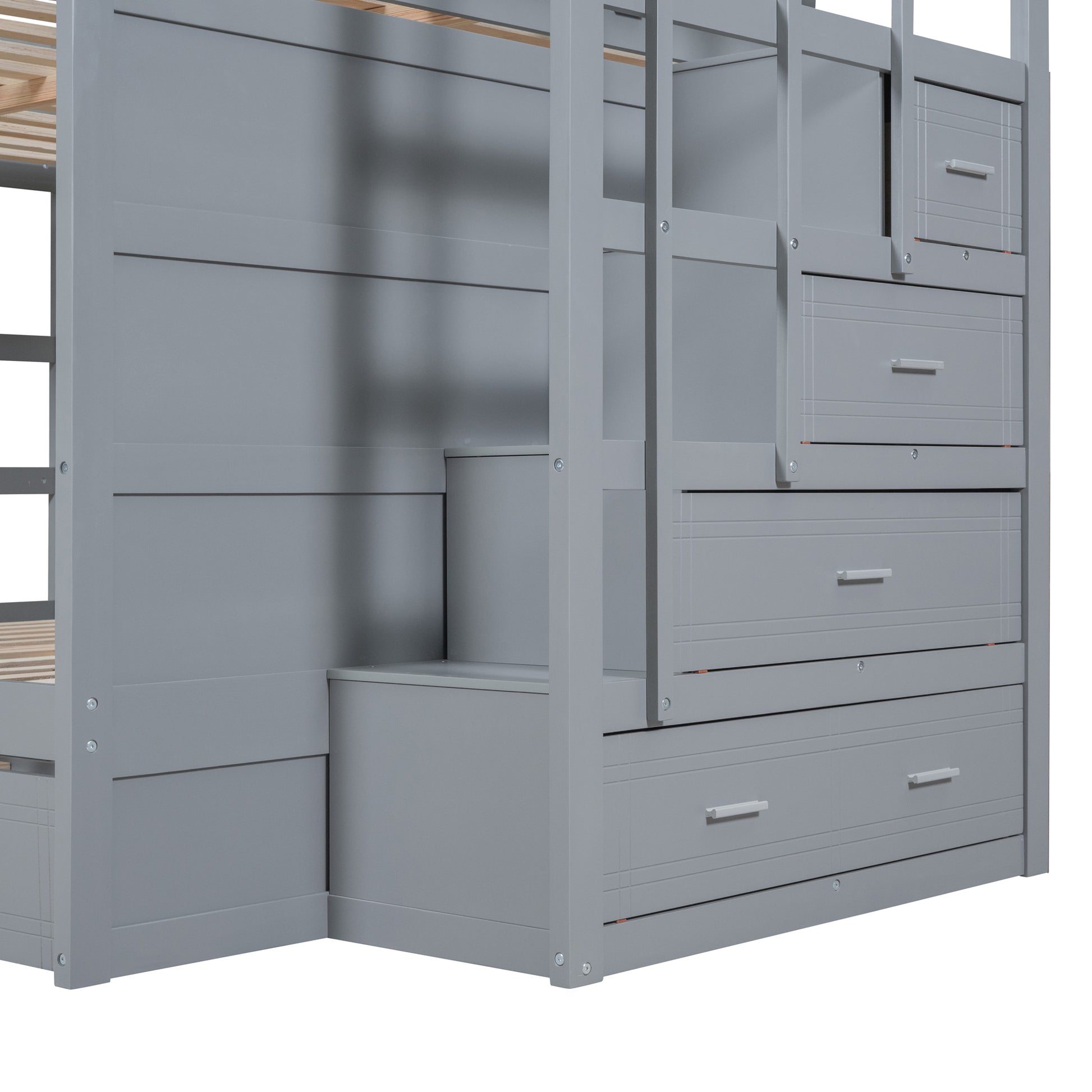 Full Over Full Bunk Bed With Twin Size Trundle And Staircase, Gray Gray Solid Wood