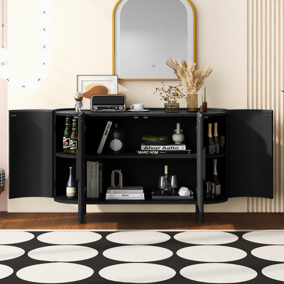 Curved Design Light Luxury Sideboard With Adjustable Shelves,Suitable For Living Room,Study And Entrance Black Mdf