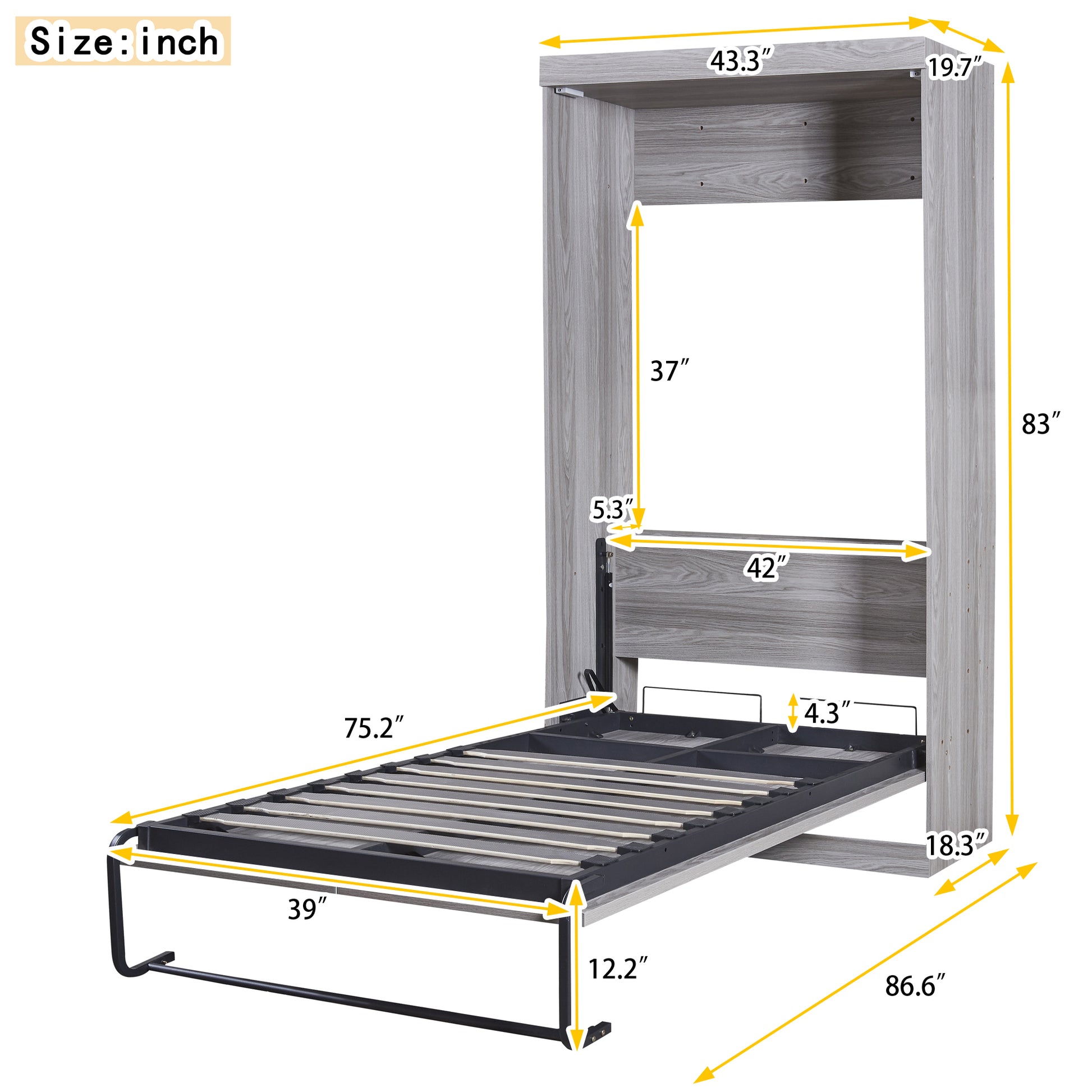 Twin Size Murphy Bed, Can Be Folded Into A Cabinet, Gray Twin Box Spring Not Required Grey Murphy Solid Wood Mdf