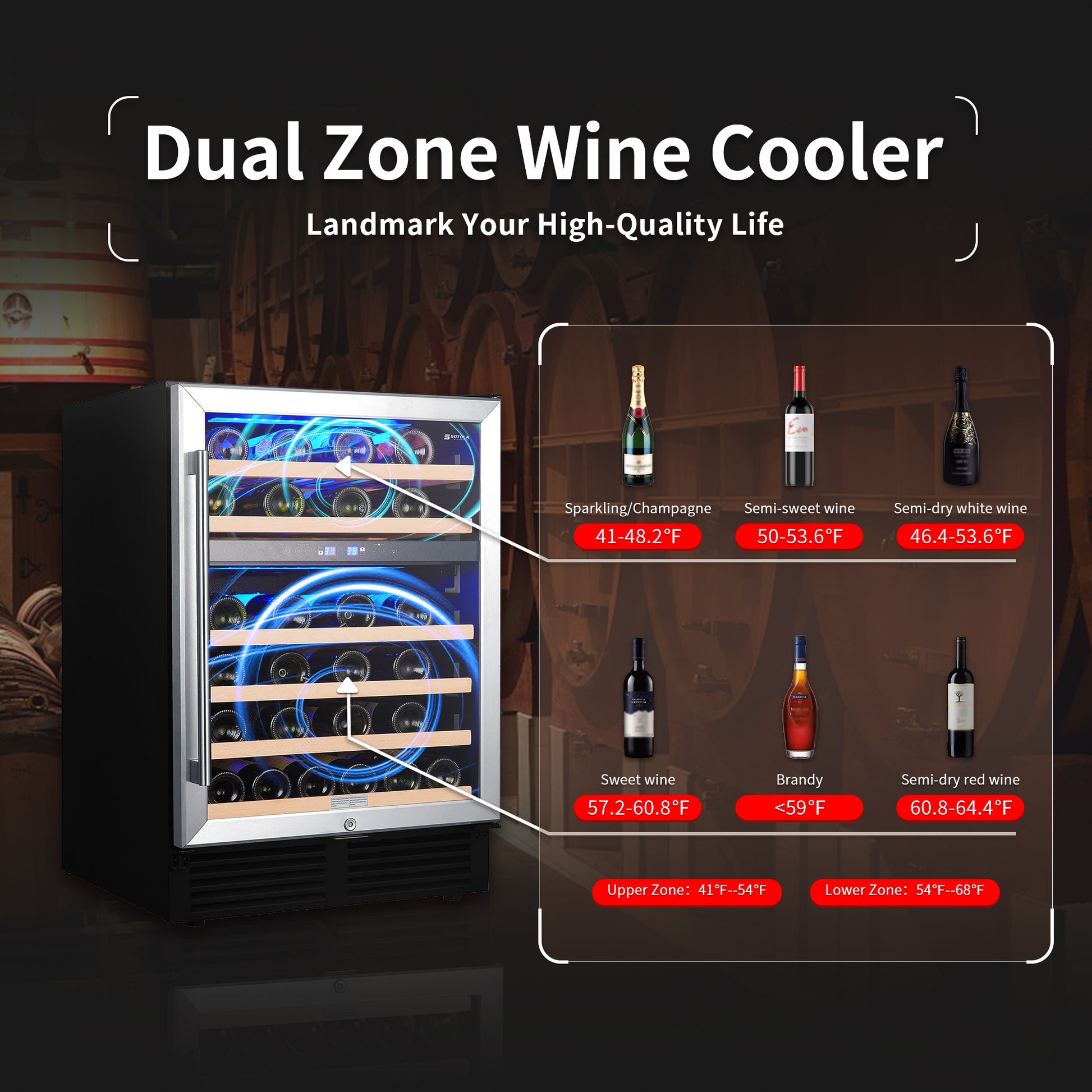 Wine Cooler 24 Dual Zones Inch Wine Refrigerator 46 Bottles Built In Wine Fridge Under Counter Or Freestanding Auto Defrost 6 Removable Shelves Glass Door Quiet For Home Office Bar Black Stainless Steel