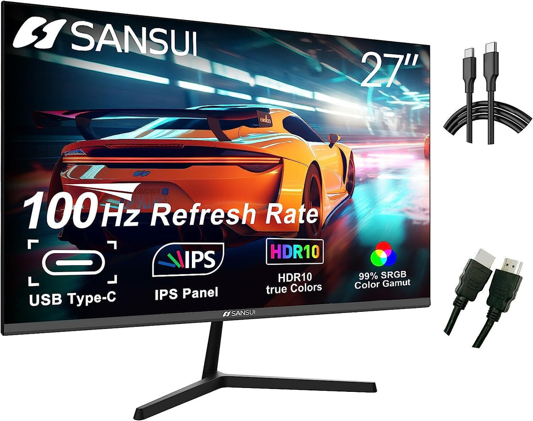 Sansui Computer Monitors 27 Inch 100Hz Ips Usb Type C Fhd 1080P Hdr10 Built In Speakers Hdmi Dp Game Rts Fps Tilt Adjustable For Working And Gaming Es 27X3 Type C Cable & Hdmi Cable Included Black Pvc