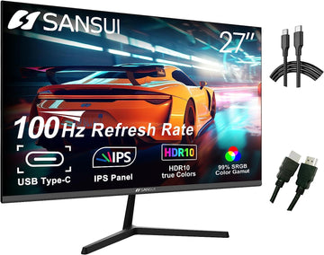 Sansui Computer Monitors 27 Inch 100Hz Ips Usb Type C Fhd 1080P Hdr10 Built In Speakers Hdmi Dp Game Rts Fps Tilt Adjustable For Working And Gaming Es 27X3 Type C Cable & Hdmi Cable Included Black Pvc