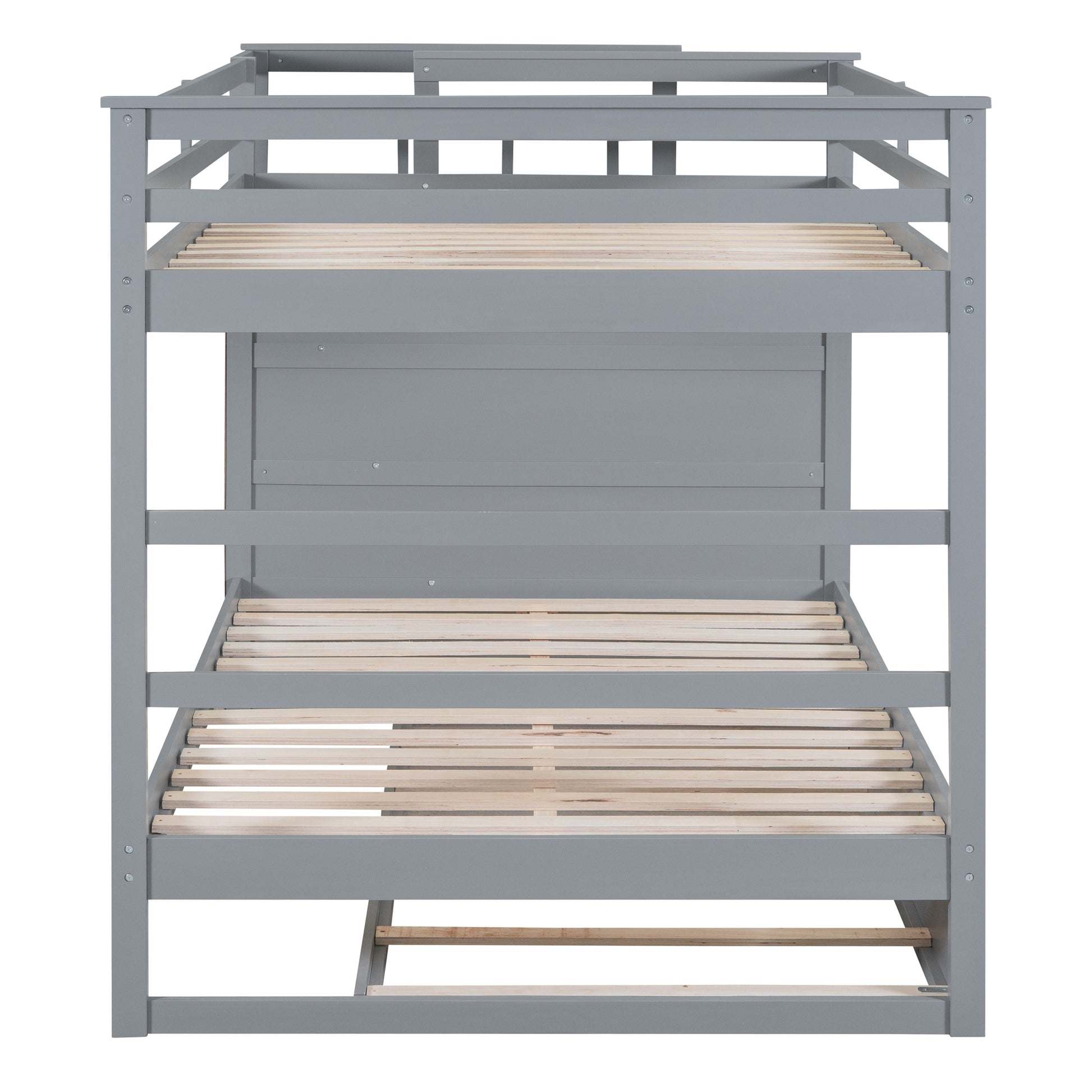 Full Over Full Bunk Bed With Twin Size Trundle And Staircase, Gray Gray Solid Wood