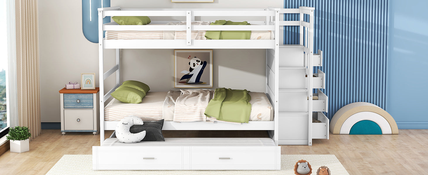 Full Over Full Bunk Bed With Twin Size Trundle And Staircase, White White Solid Wood