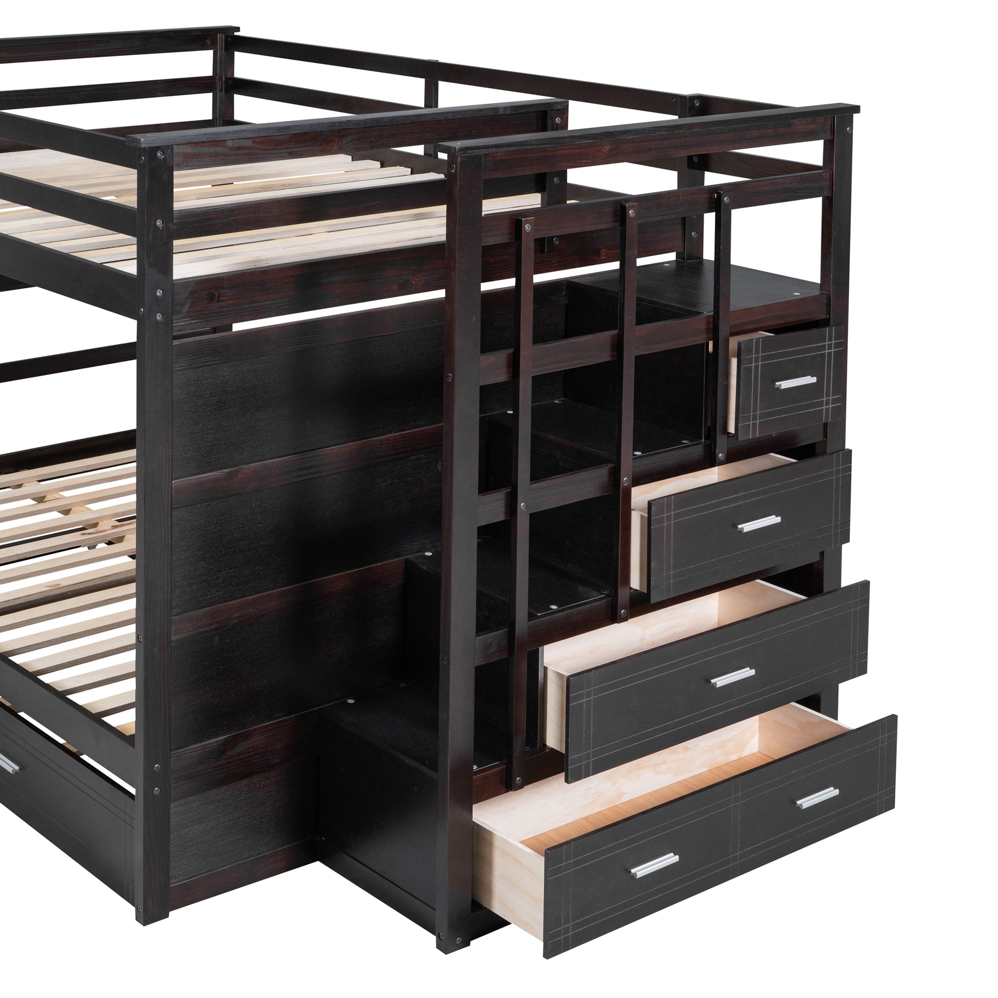 Full Over Full Bunk Bed With Twin Size Trundle And Staircase, Espresso Espresso Solid Wood