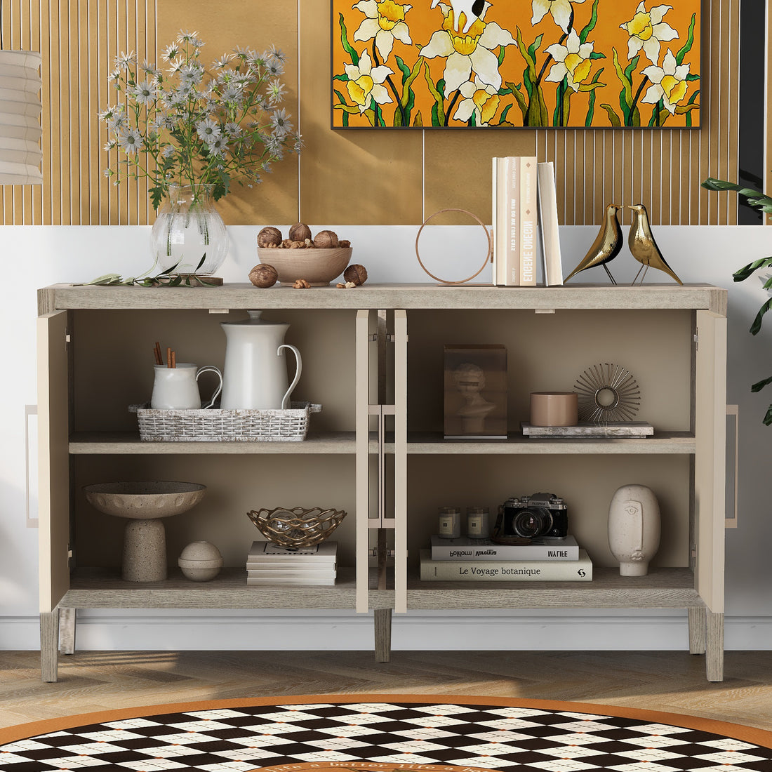 Storage Cabinet Sideboard Wooden Cabinet With 4 Metal Handles ,4 Shelves And 4 Doors For Hallway, Entryway, Living Room Gray Mdf